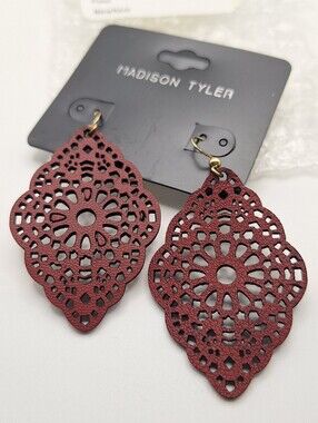 Madison Tyler Faux Leather Filigree Earrings Burgundy Gold Plated NWT